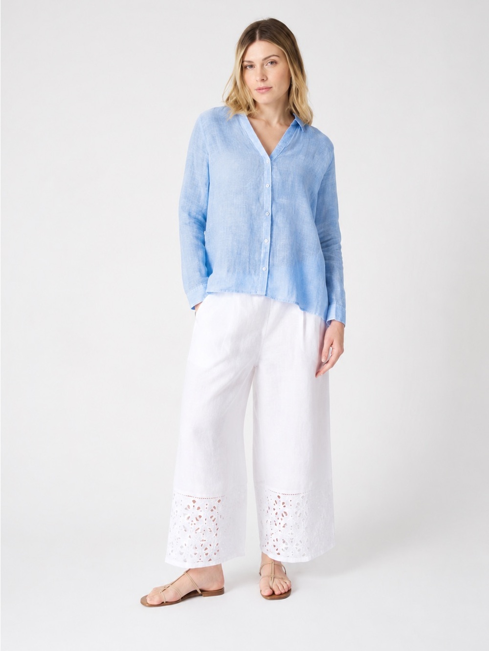 120% Lino The Lily Shirt Linen Button Front Tunic Top Blue Large Italian Luxury